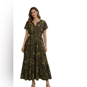 Be by Chetta B Olive Brown Leaf Print Midi Dress XL NWT